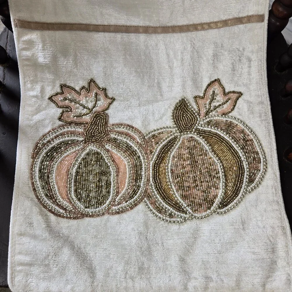 Family Gatherings Fall Autumn Pumpkin Table Runner Beaded Cream Gold Tan Silver